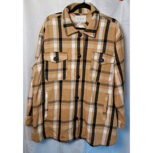 Lucky Brand Shirt Jacket Women's Large Oversized Tan Black Plaid Flannel Shacket